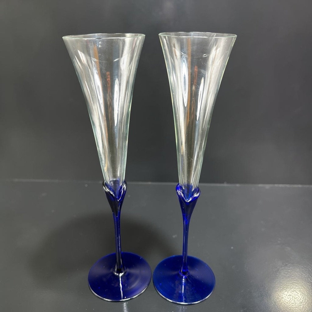 Colony Glass Cobalt Blue Stem Champagne Flutes Set of 2 Glasses 11 Inch Clear